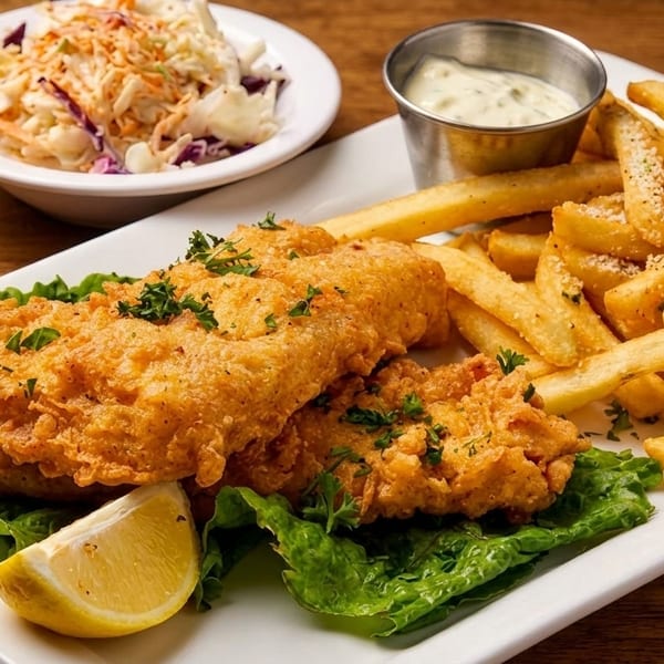 Crispy fried fish with a lemon wedge, french fries, tartar sauce, and coleslaw on a white plate.
