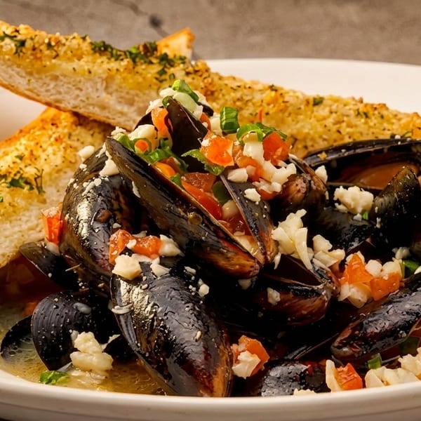 Steamed mussels in a white wine sauce, topped with diced tomatoes, garlic, and green onions, served with garlic bread.