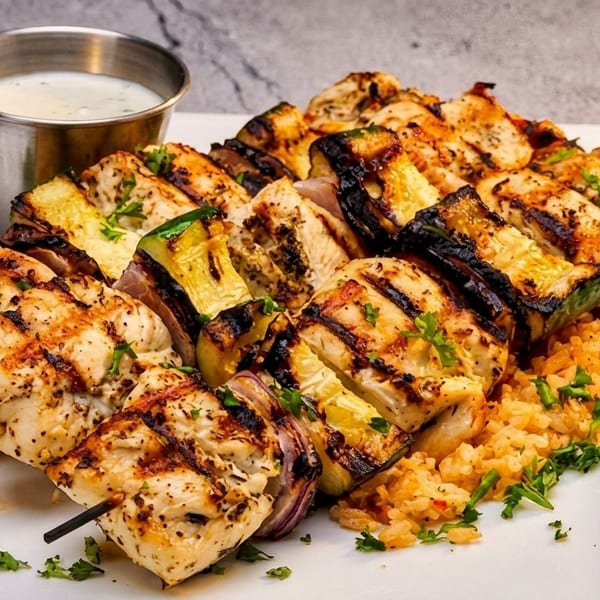 Grilled chicken and vegetable skewers with rice and a side of dipping sauce on a white plate.