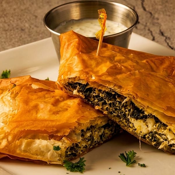 Two golden-brown spanakopita triangles filled with spinach and feta, served with a side of tzatziki.