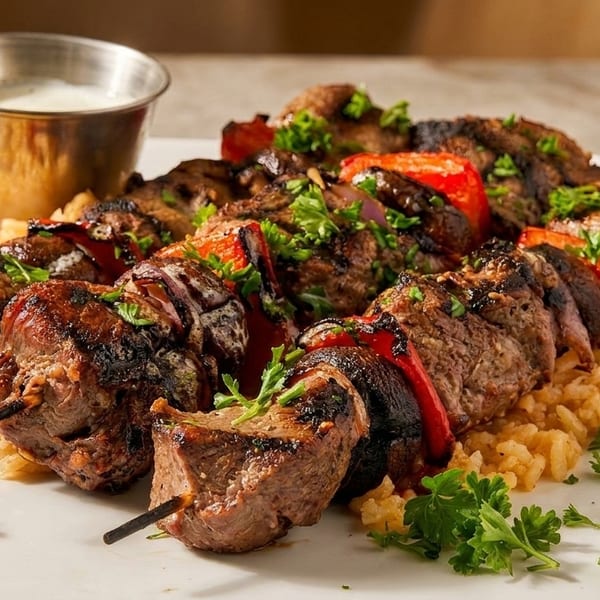Grilled meat and vegetable skewers with rice and a side of white sauce on a white plate.